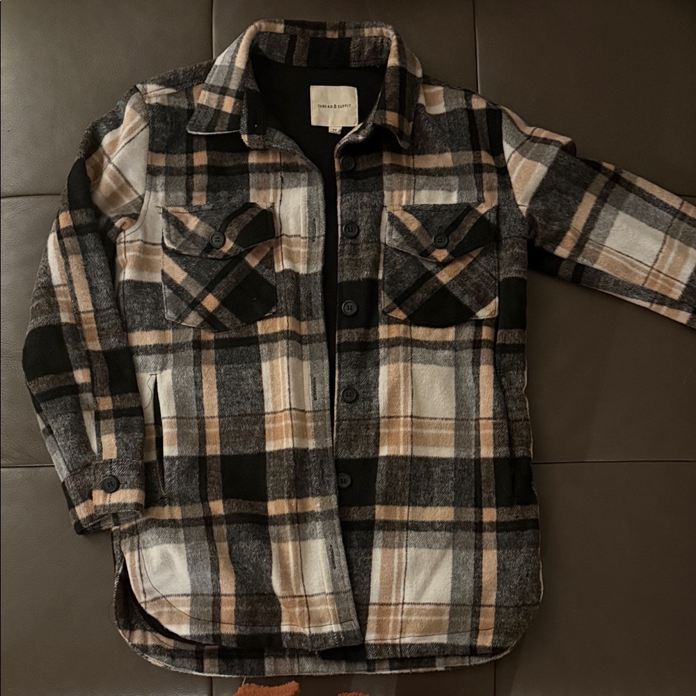 Thread & Supply Plaid Pea Coat - Black, White, Tan